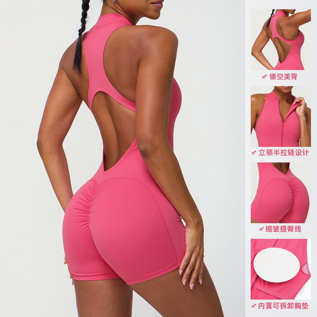 Women's Sleeveless Half-Zip One-Piece Yoga Bodysuit with Chest Pad