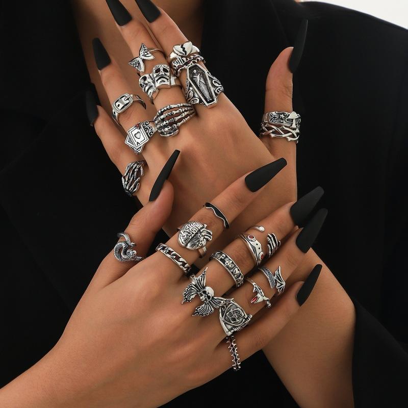 KunJoe Gothic Skull Claw Cross Ring Set for Men Vintage Silver Color Adjustable Open Rings Male Female Skeleton Spider Punk Jewelry Finger