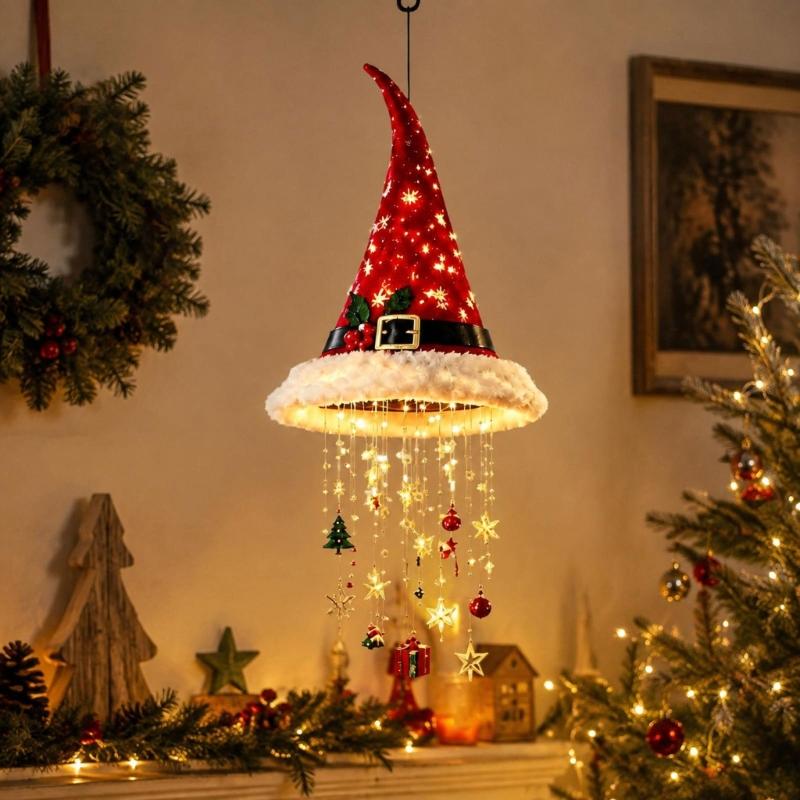 Santa Hat Chandelier Red-White Christmas Hanging Decoration, Tiered Santa Hat Figure Set for Holiday Parties and Indoor Home Displays