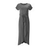 Women's Short Sleeve Wrap Maxi Dress Round Neck Tie Waist Asymmetrical Casual Long Dress
