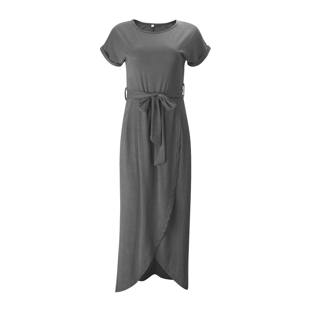 Women's Short Sleeve Wrap Maxi Dress Round Neck Tie Waist Asymmetrical Casual Long Dress
