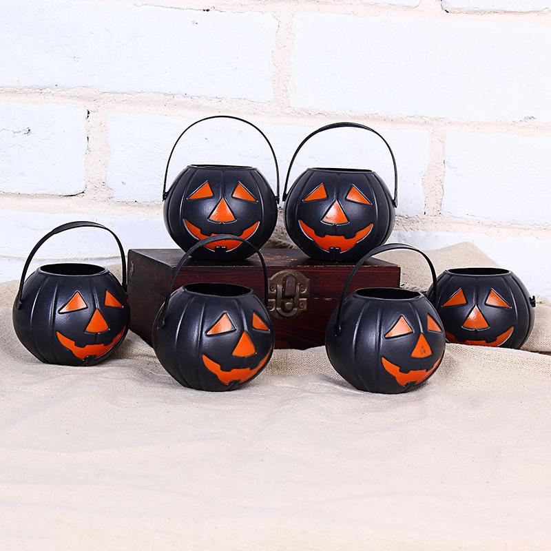 6pcs Mini Portable Black Orange Halloween Pumpkin Bucket Kids Trick or Treat Candy Bucket Holder Bag for Halloween Party Props