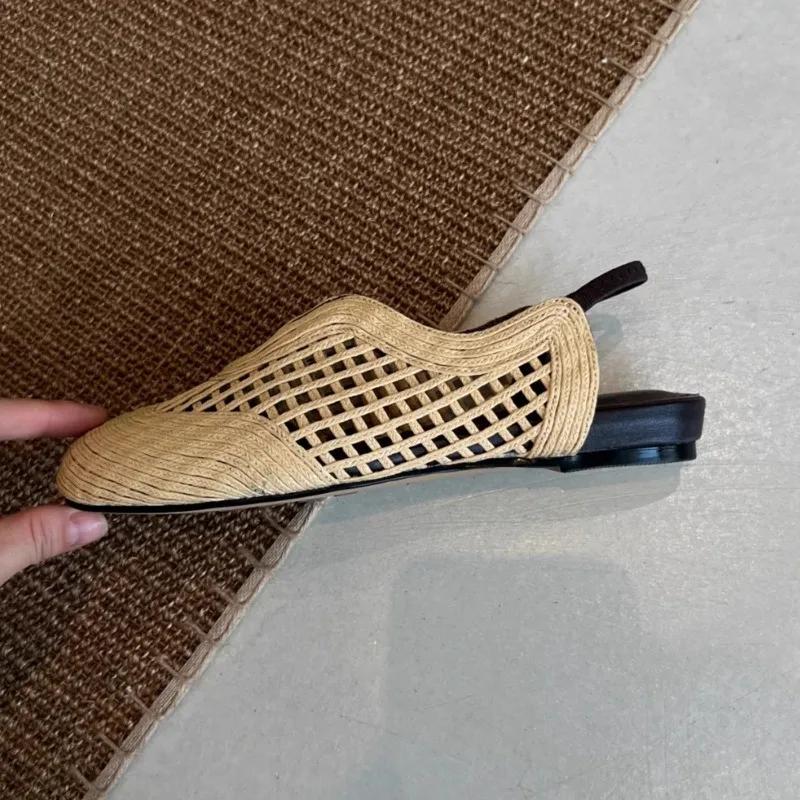 Fashion 2025 Summer Woven Baotou Elasticated Back Cutout Flat Sandals for Women Breathable