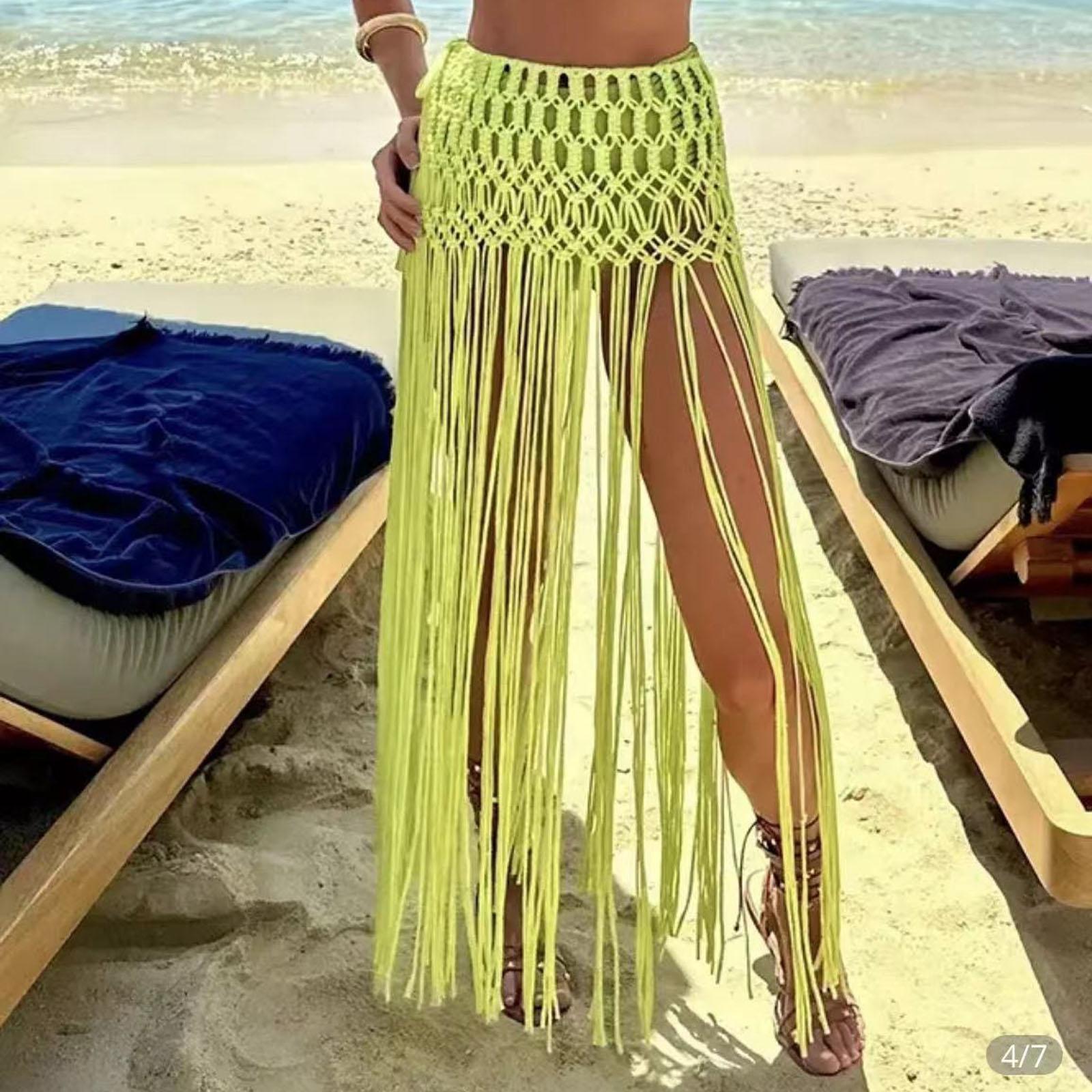 

Beachapche В язані гачком спідниці з китицями Жіноча мода Сексуальні В язані збоку з високим розрізом Пляжні накидки S