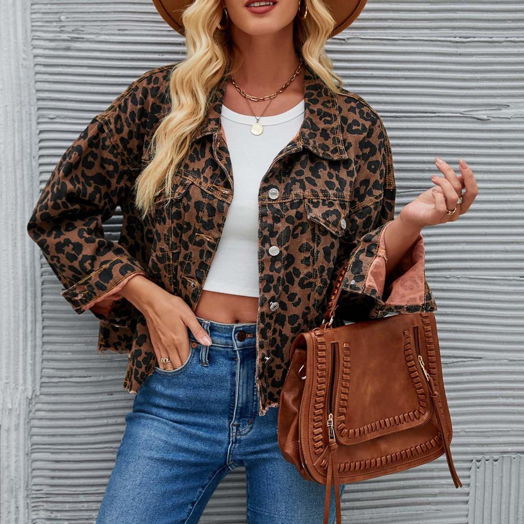 2024 Spring/Autumn Leopard Print Denim Jacket - Long Sleeve, Short, Loose Fit