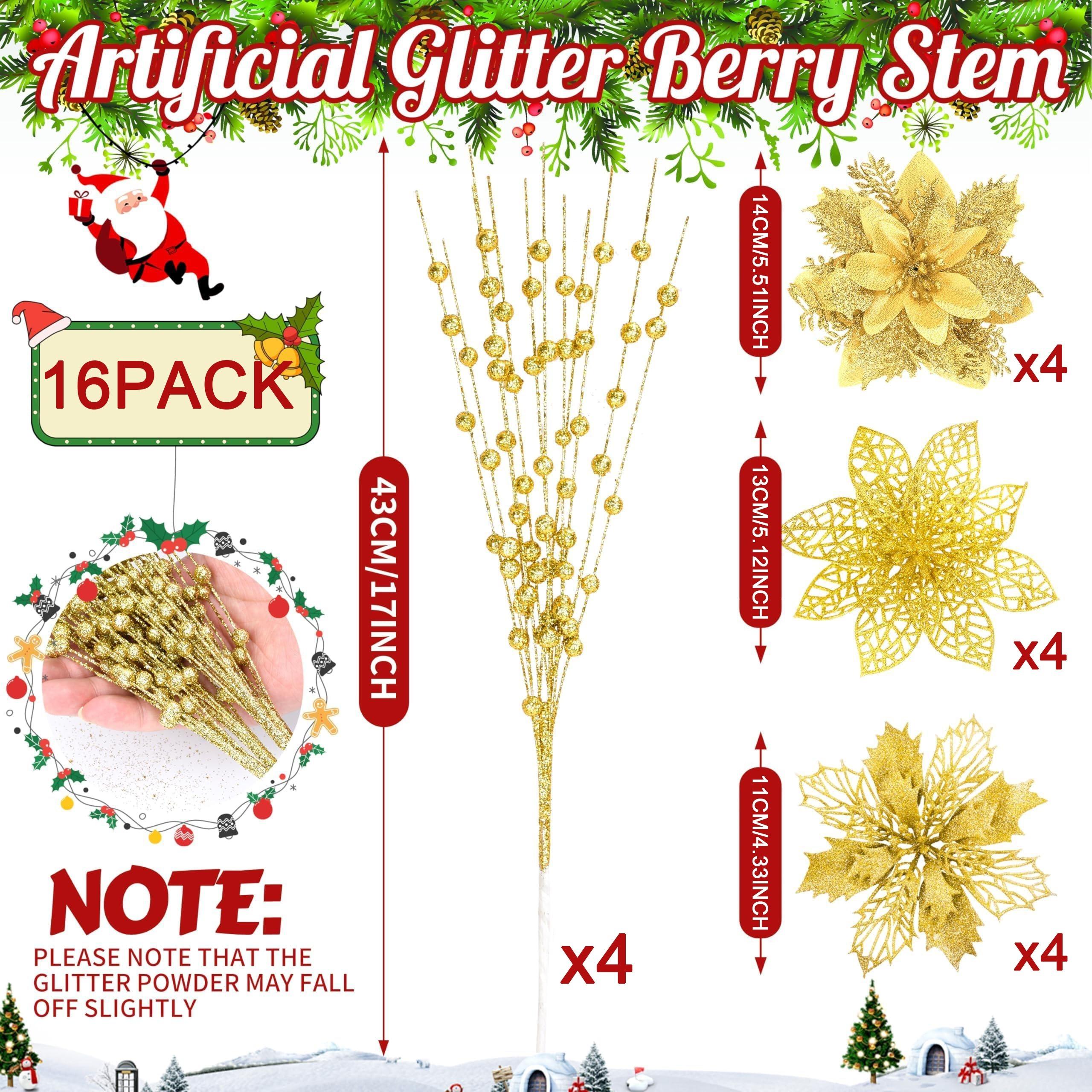 

16Pcs Glitter Artificial Flowers Berry Bouquet Christmas Decoration Xmas Tree Ornaments for Home Room Decor New Year 2026 Gifts золотой