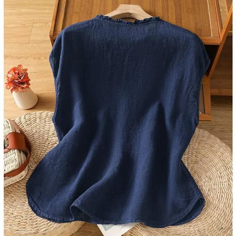 Women's Linen Sleeveless Shirt Fashionable Summer Blouse Casual and Versatile Cotton and Linen Vest All-match Top for Women