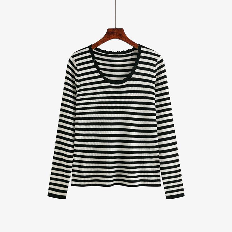 

Женский свободный свитер больших размеров с кружевным воротником и полосатым низом XXXL