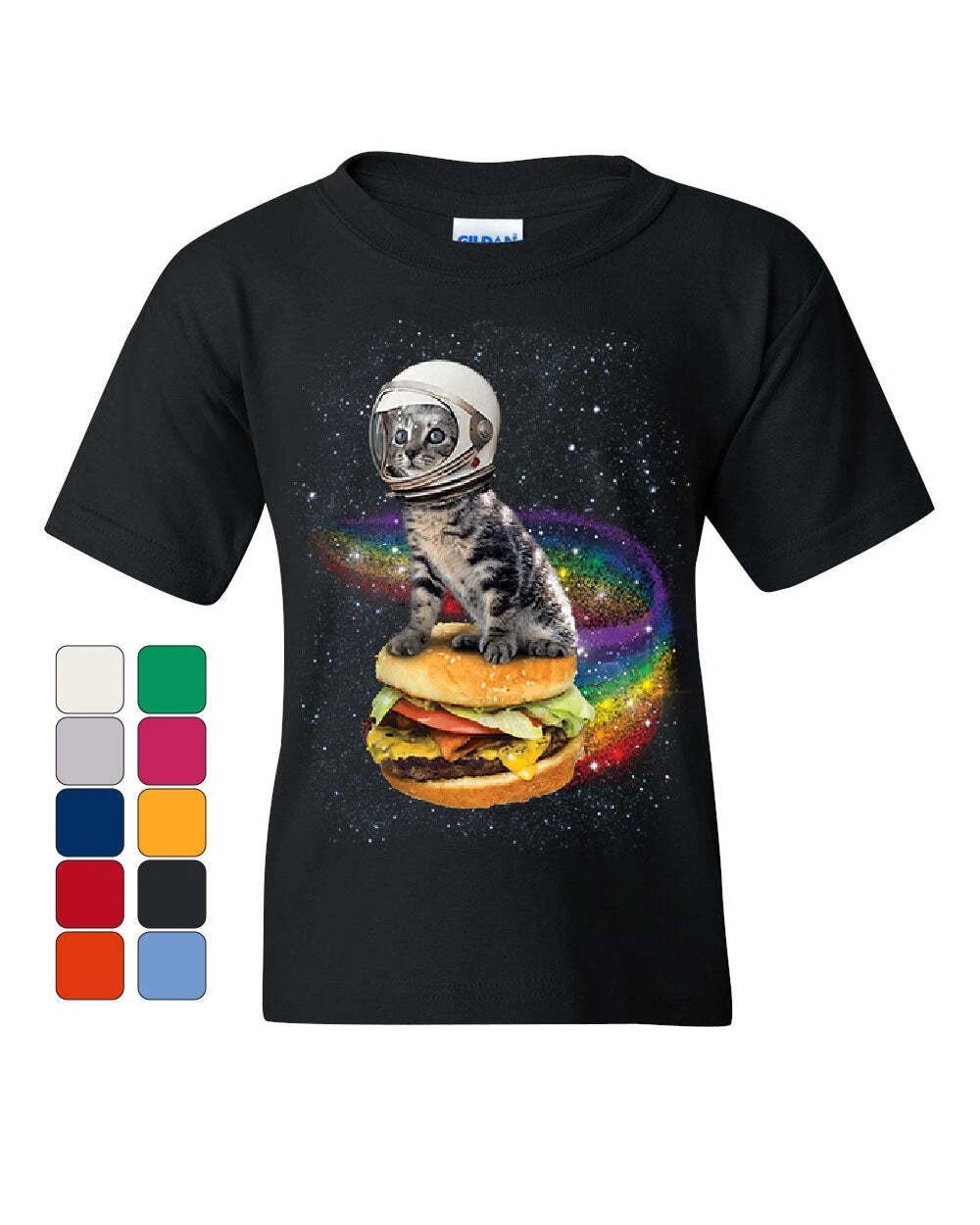 Cat Flying a Rainbow Burger Youth kids boys T-Shirt Funny Astronaut Kitten Space Kids Tee 110
