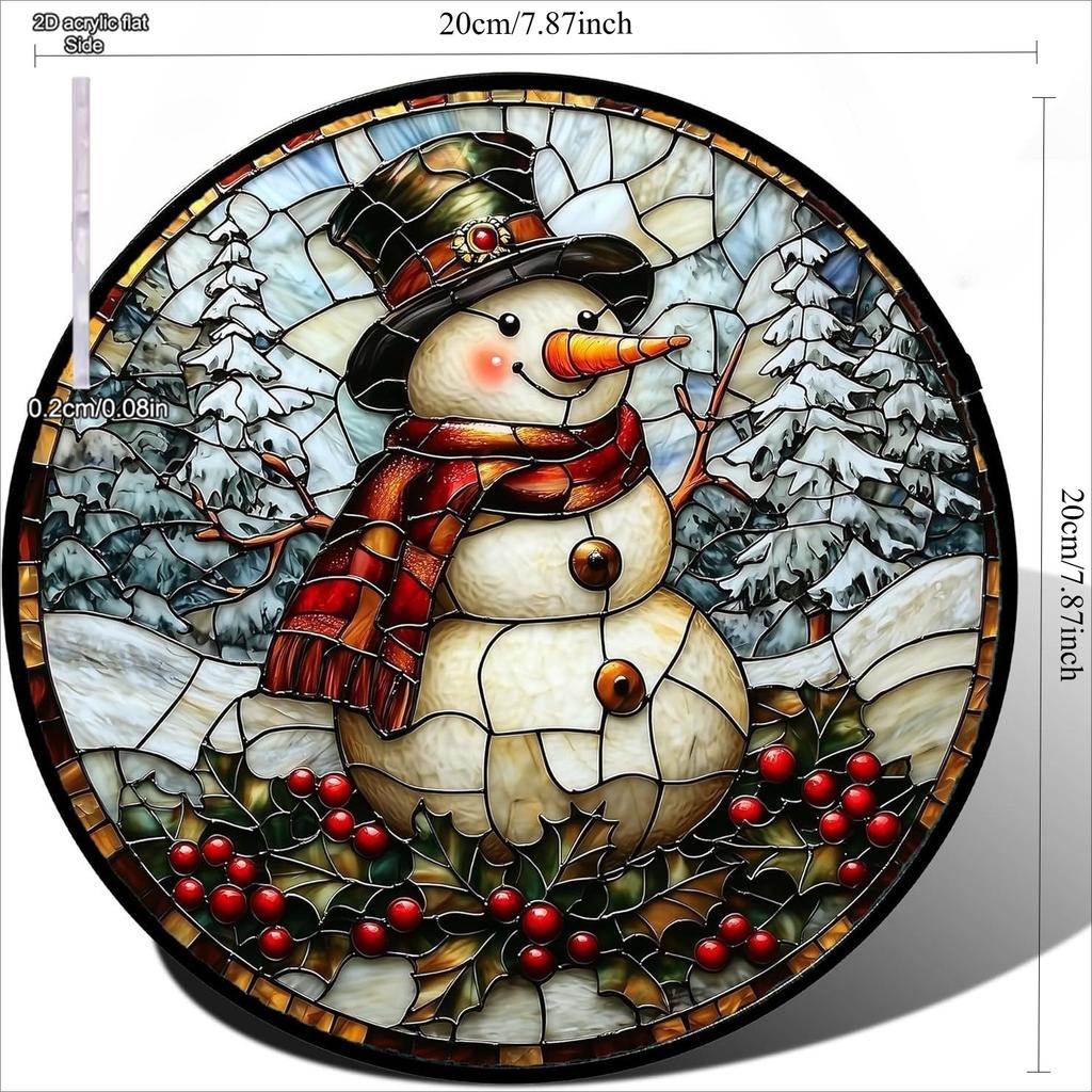 Snowman Sun Catcher, round Acrylic with Stained Glass Effect for Winter Decor, Perfect for Home, Kitchen, Bedroom, Garden, Bathroom, Garage