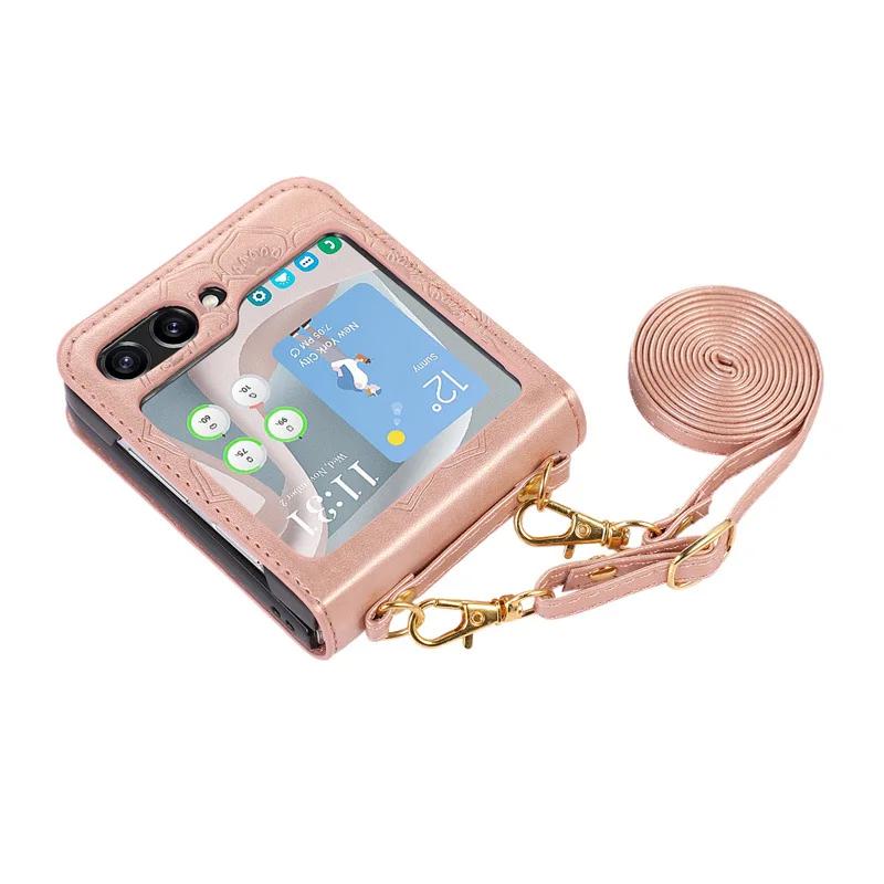 Crossbody Lanyard Flower Mandala Phone Case for Samsung Galaxy Z Flip 5 Flip5 5G PU Leather Shockproof Cover