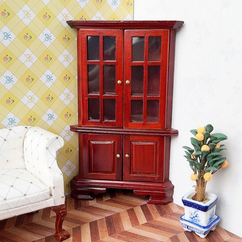 1/12 Scale Miniature Wood Corner Display Cabinet For Doll House Accessories With MultiTier Storage Design Scene Decors