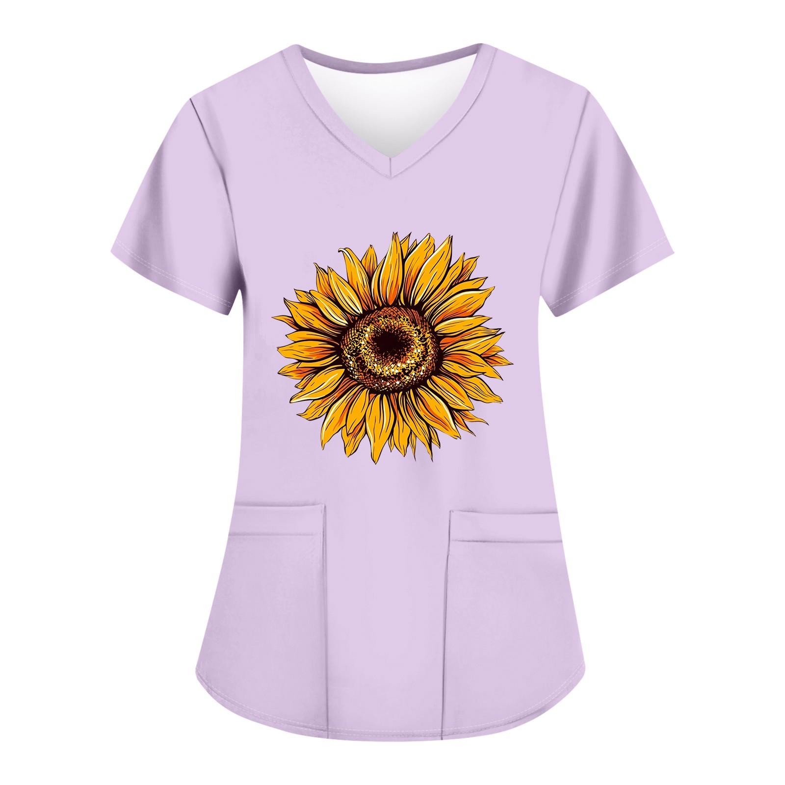 

Жіночі модні робочі футболки з принтом і V-подібним вирізом з короткими рукавами та кишенями S фіолетовий