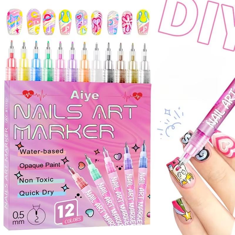 12 Color 0.5mm Needle Tip Nail Painted Graffiti Pen DIY Quick Drying Dot Flower Hook Line Waterproof Acrylic Pigment Pen
