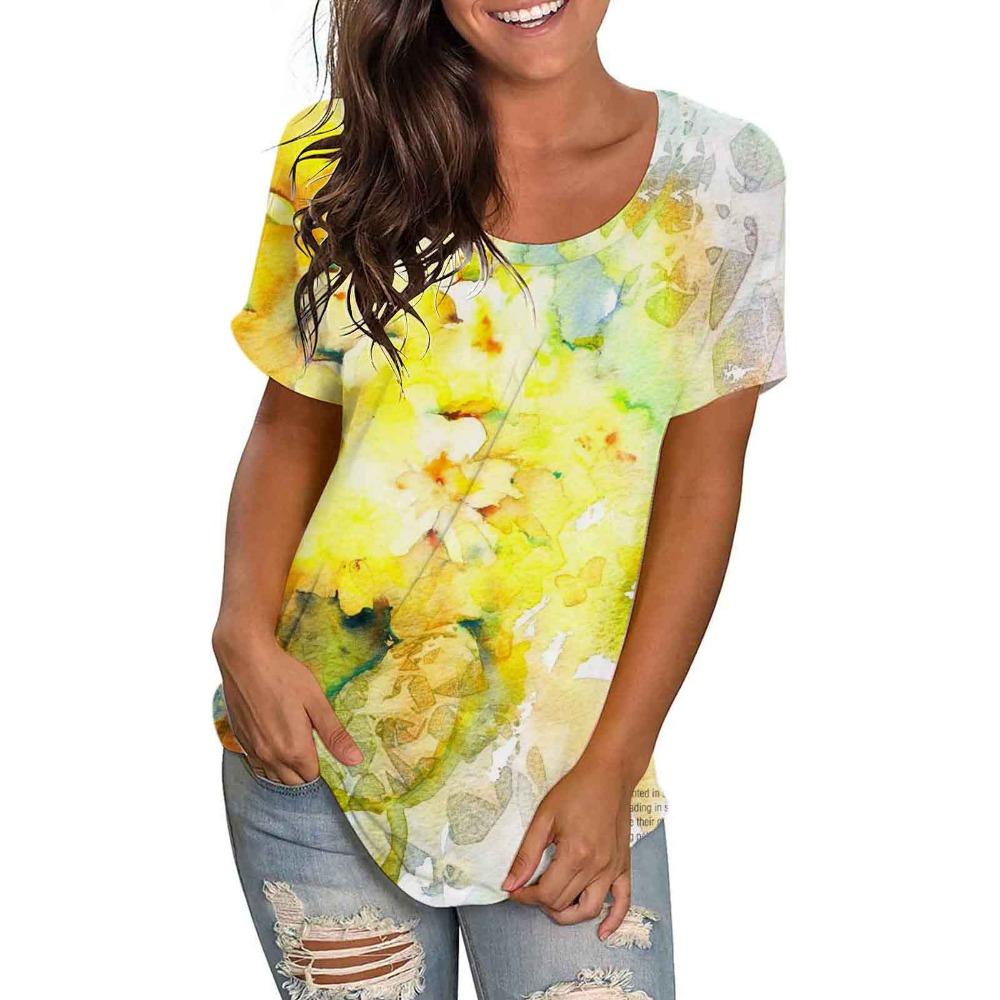 Bright Floral 3D Digital Printed Women's Fashionable Casual Round Neck Short Sleeved T-shirt