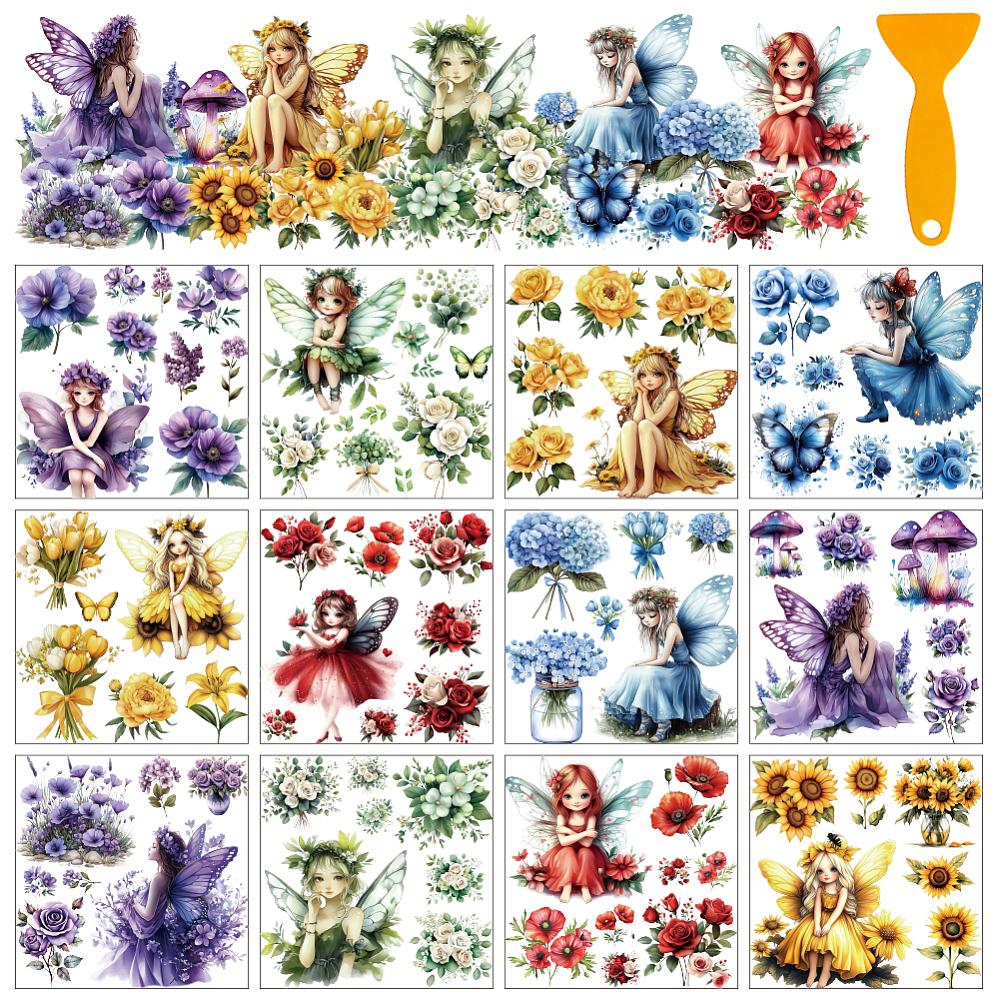 12 Sheets 12 Style PVC Stickers Heat Transfer Film for Window Decoration Fairy 140x140mm 1 sheet/style