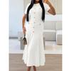 Slimming Knitted Dress Hollow Out Short Sleeve Lace Trim Waist Cinched Long Fashionable Sweater Dress