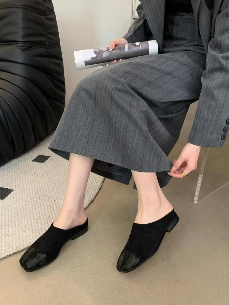 Shoes Woman 2024 Loafers Low Slippers Casual Luxury New Hoof Heels Slides Fabric Sewing Spring Rubber Slippers