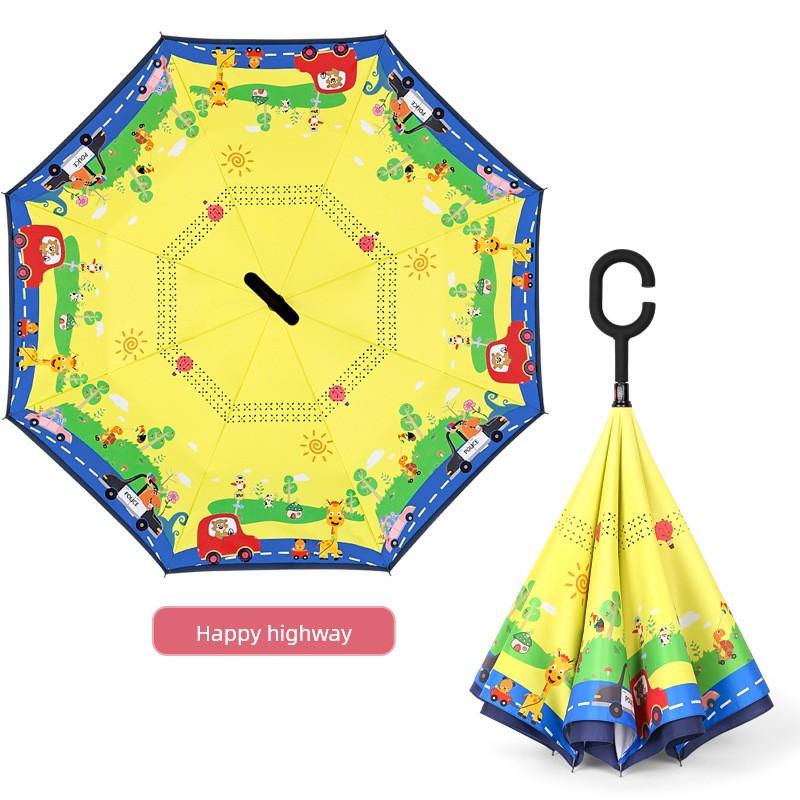 Umbrella, Reverse Umbrella, Double-Layer Hands-Free Long-Handled Children's Umbrella, Cute Cartoon Umbrella for Primary School Students, Rain or