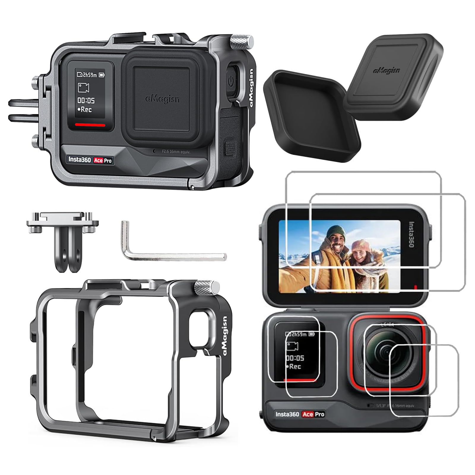 

Rszfnjxry Aluminum Metal Frame Cage Case with Silicone Lens Cap and Screen Protector Fit for Insta 360 ACE PRO Camera Accessories Kit сірий колір