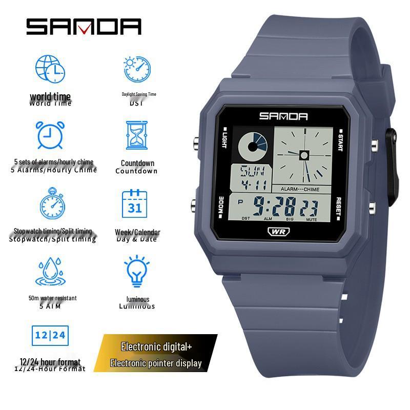 Sanda Multifunctional Waterproof Luminous Electronic Watch with World Time & Alarm - Ideal for Students
