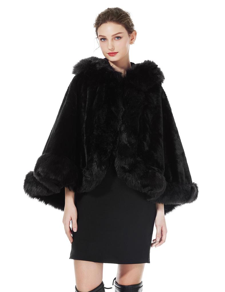 BEAUTELICATE Thick Fur Warm Faux Fur Cape for or Any Occasion Women's Shawl, Large, Winter, Hooded, Wedding, Party,