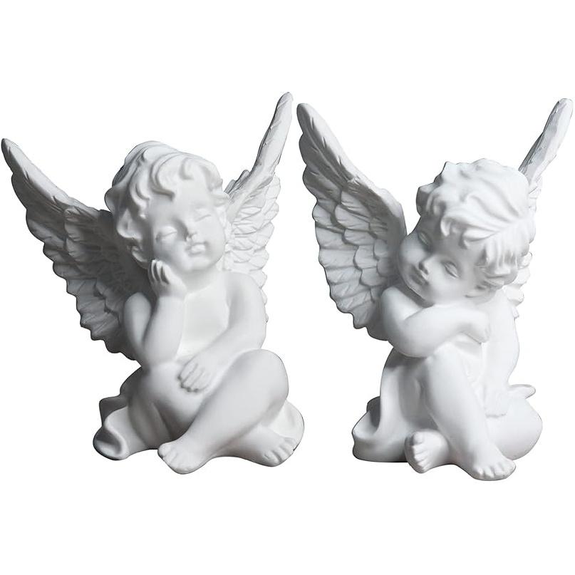 2 Set of Little Angel Statue Figurines, Resin Cherubs Statue with Wings Sleeping Thinking Angle Sculpture for Home Living Room Desktop Office