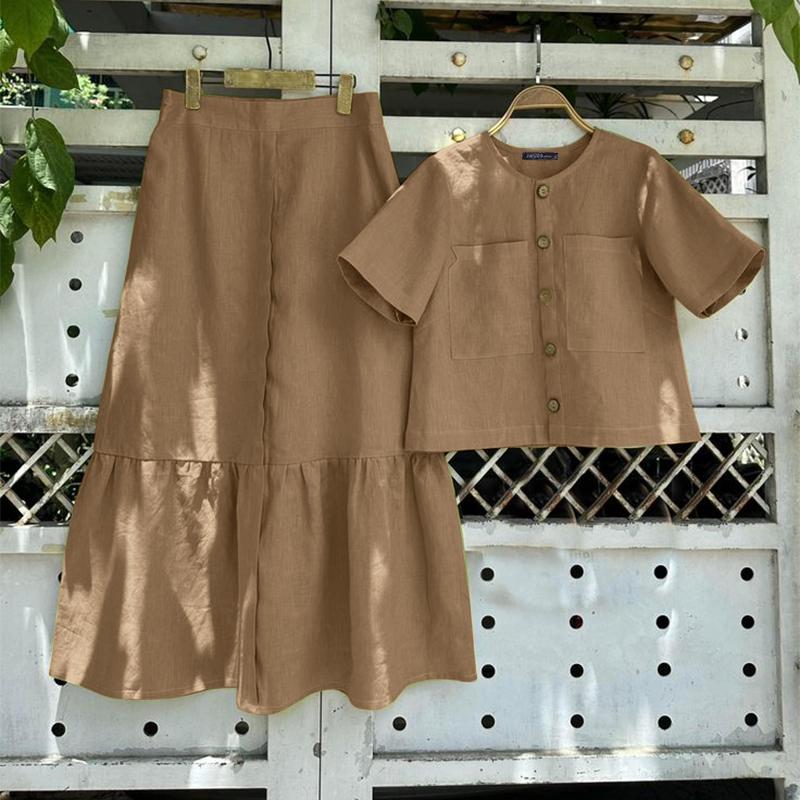 

ZANZEA Женская блузка с коротким рукавом и юбки А-силуэта Повседневные костюмы-двойки 4XL