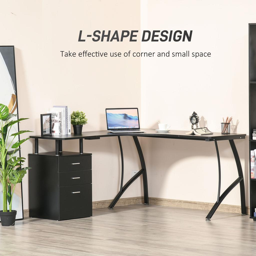 L-Shaped Computer Desk Storage Drawer 143.5 x 143.5 x 76cm Black