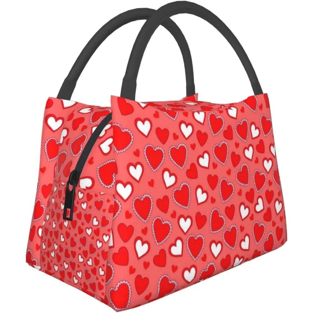 Red Heart Pattern Valentine's Day Lunch Bag Portable Reusable Insulated Lunch Box for Women Men Tote Bag for Work Travel Picnic