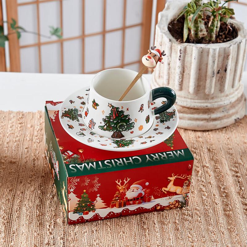 WJ Christmas Ceramic Coffee Mug & Saucer Gift Set 300ML Christmas Tree 1 Cup 1 Saucer