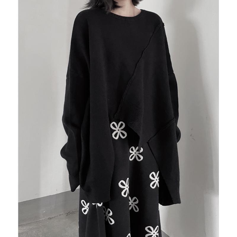 

Женский свитер больших размеров на осень-зиму, асимметричный, свободный, повседневный, с длинным рукавом, вязаный пуловер, трикотажный джемпер с отделкой One Size чёрный