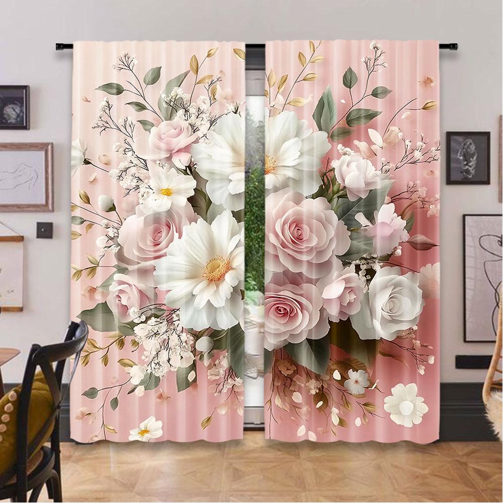 Set Of 2 Floral Curtain Delicate Pink Bouquet Spring Nature Blossoms Romantic Design Suitable Living Room Bedroom Kitchen Polyester Ideal For