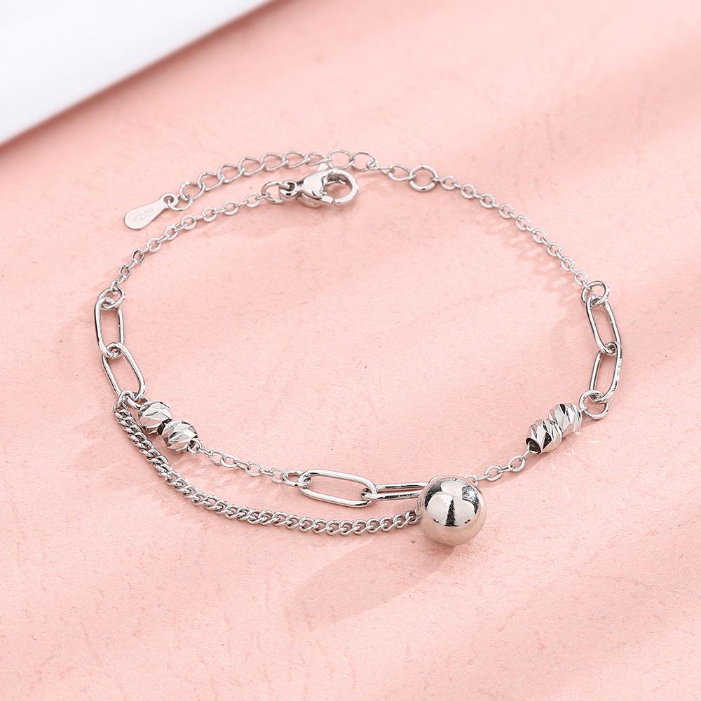 Sterling Silber S925 Silber Armband, Französische Mode, einfacher Stil, asymmetrische Kette, Blumenperlenarmband, Damenarmband mit runden Perlen