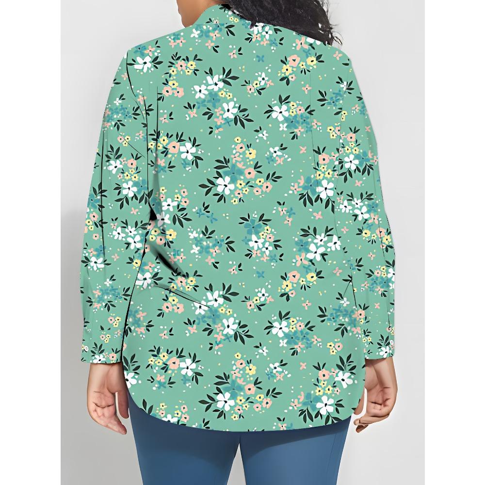 New Large Size Women's Long Sleeve Printed Shirt, Fashion Casual Button Up Lapel Shirt Women's Shirt