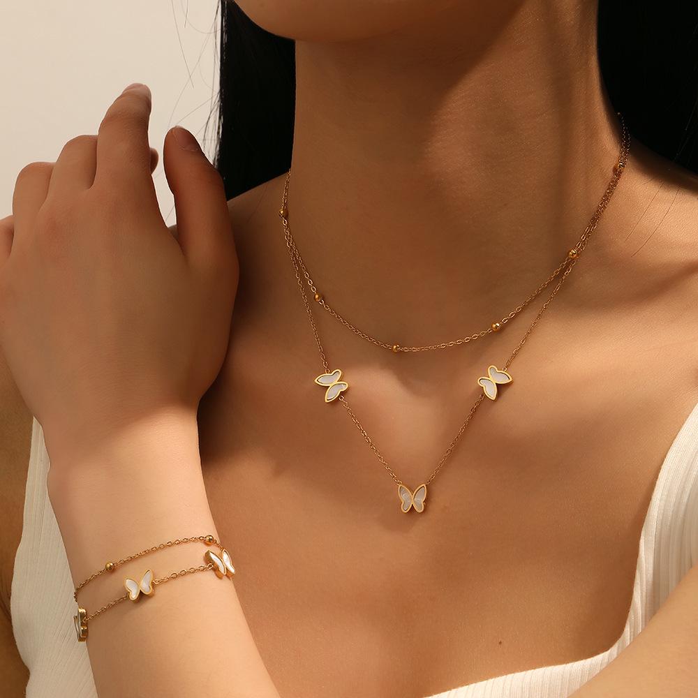 INS Style Titanium Steel Sweet Butterfly Pendant and Double Layer Bead Clip Jewelry Set for Women