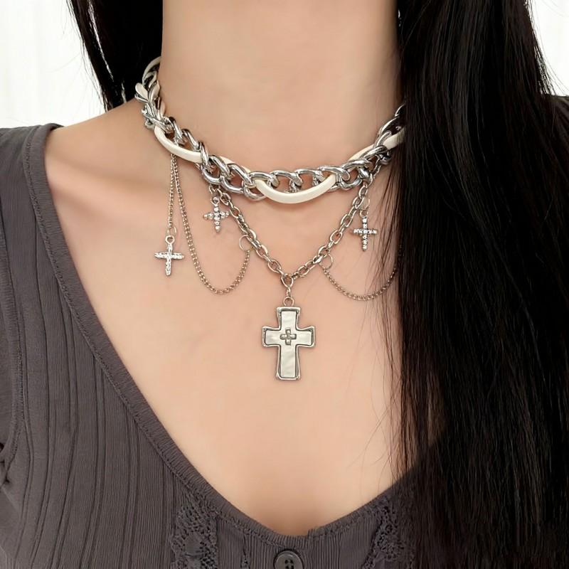 Y2K Gothic Chic Cross Pendant Tassel Choker Necklace Women Alloy Locket Chain Sweet Punk Style