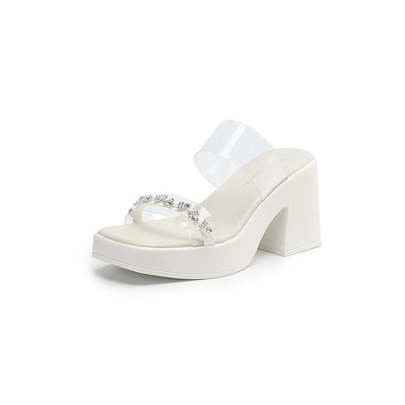 

2025 summer new feng shui diamond transparent one-character women s large size thick high-heeled square head cool slippers 42