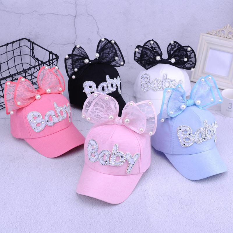 Baby Mädchen Baseballmütze Bowknot Buchstaben Perlen Dekoration Sonnenschirm Hut Kinderhüte