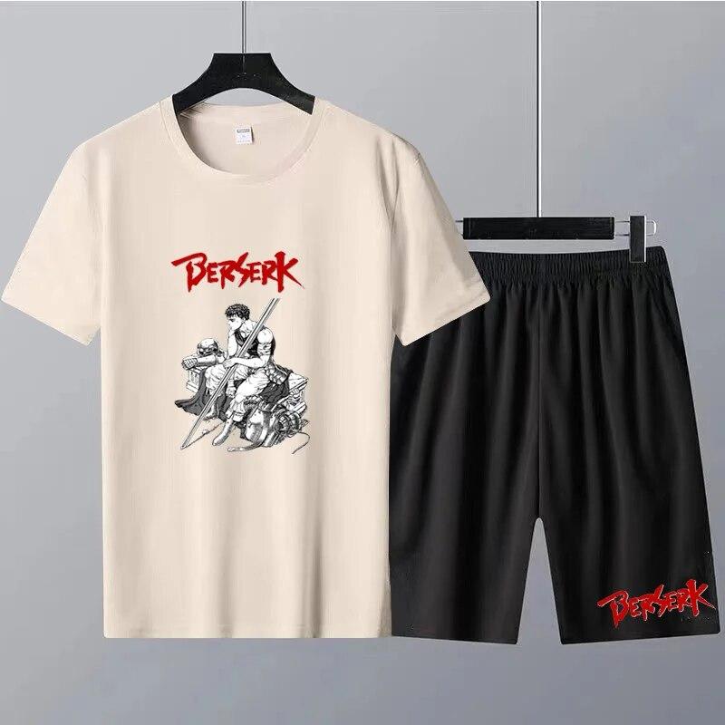 Japanese Anime Berserk Print Men's Round Neck T-shirt Sets Summer T-Shirt Shorts 2pcs Set Oversized Tracksuit Casual Men Clothes