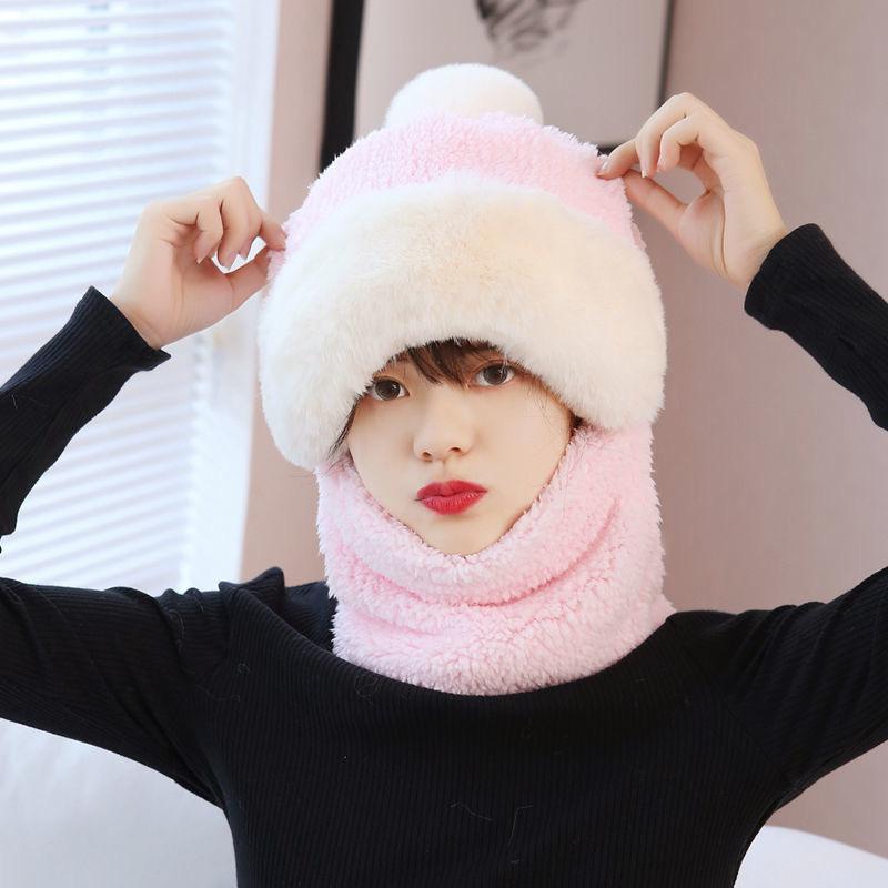 Winter Simple New Style Thickened Warm Plush Scarf All-in-one Hooded Scarf Three-in-one Cute Fox Ear Hat Female Hooded Ski Mask