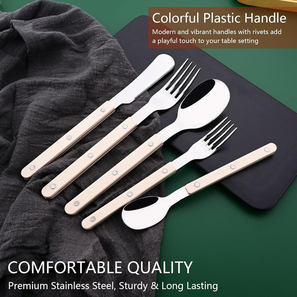 20 PCS Stainless Steel Flatware Set Service for 4, Retro Style  Tableware Forks Spoons Knives Eating Utensils, Acrylic Handle with Rivets Design