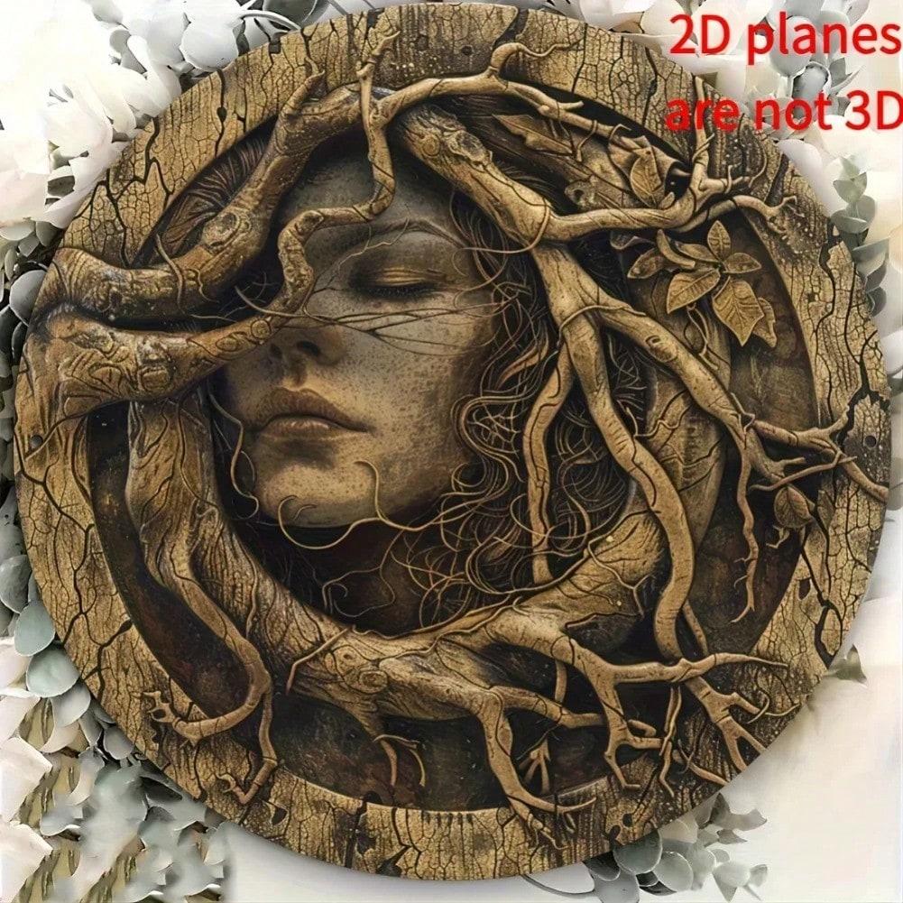 

Round Metal Wall Art Tree Spirit Carved Face Home Decor Natural Inspired Calm Design 20x20 різнокольоровий