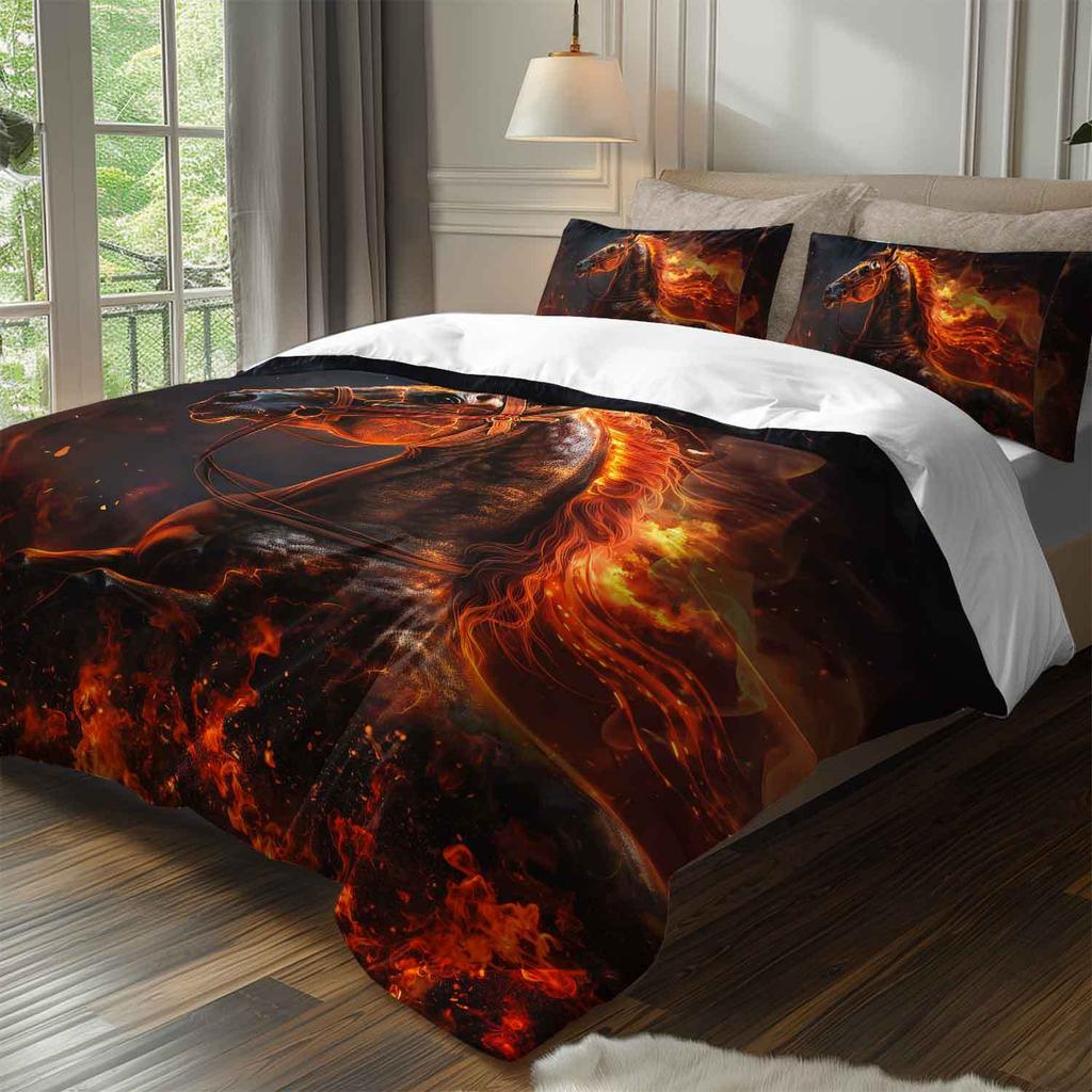 3Pcs Fiery Horse Bedding Duvet Cover Set Flaming Horse Bedding Quilt Set Horse Themed Bed Quilt Set Modern Bedroom Decor