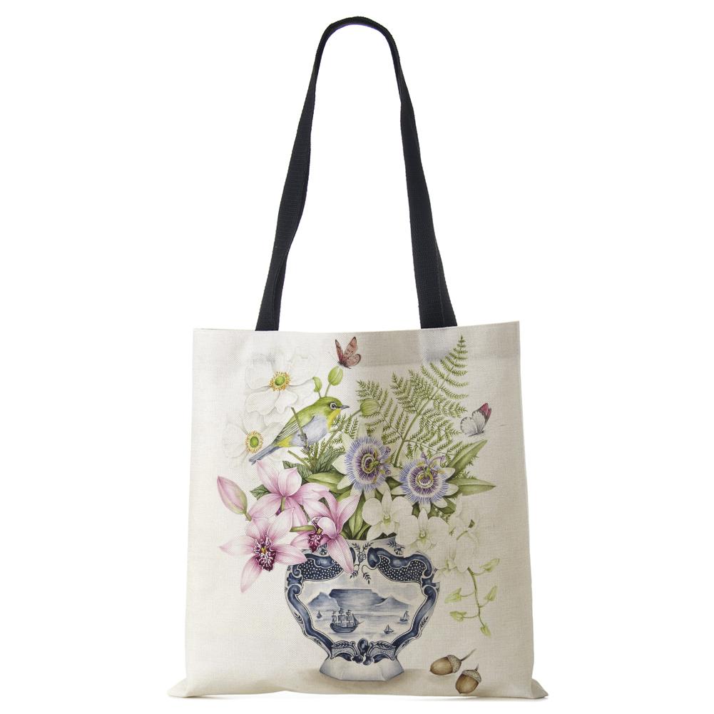 Plant Flowers Shopping Tote Bag Women Canvas Print Shoulder Bag Reusable Harajuku Large Capacity Travel School Handbag CLE