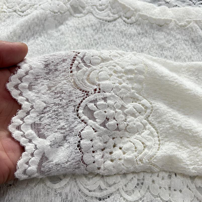 Off-white Lace Long Sleeve Women's Round Neck Crochet Loose Top