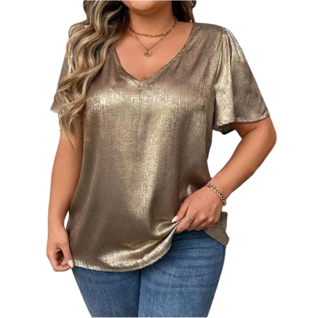 T Shirts For Women Pleated R-Neck Dressy Casual Blouses Printing Short Sleeve Summer Tops Loose Fit