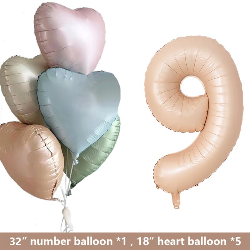 1set Retro Caramel Heart Balloons with 32inch Number Foil Balloon For Kids 1st Birthday Party DIY Decoration Supplies Wedding