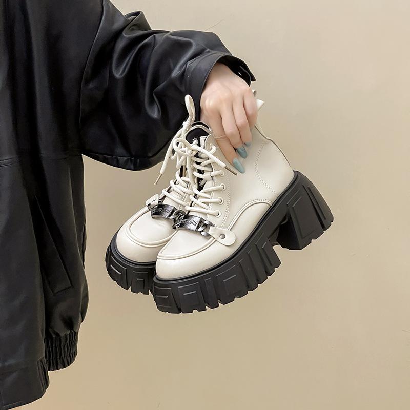 

Autumn and winter round head thick heel fashion boots women s small height increase niche high heel leather boots design fashion short boots Martin 39 бежевый