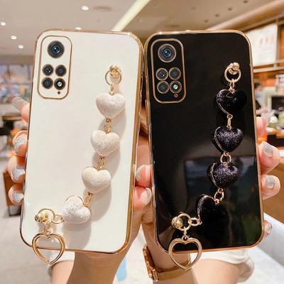 Pouzdro na plyšový náramek Love Heart pro Xiaomi Redmi Note 13 12Pro 12C 12S 11 11S 10S 9S 9A 9C 9T A1 A2 Pokovování řetízku silikonový kryt